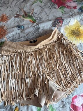 bebe Beige Fringe Layered Shorts